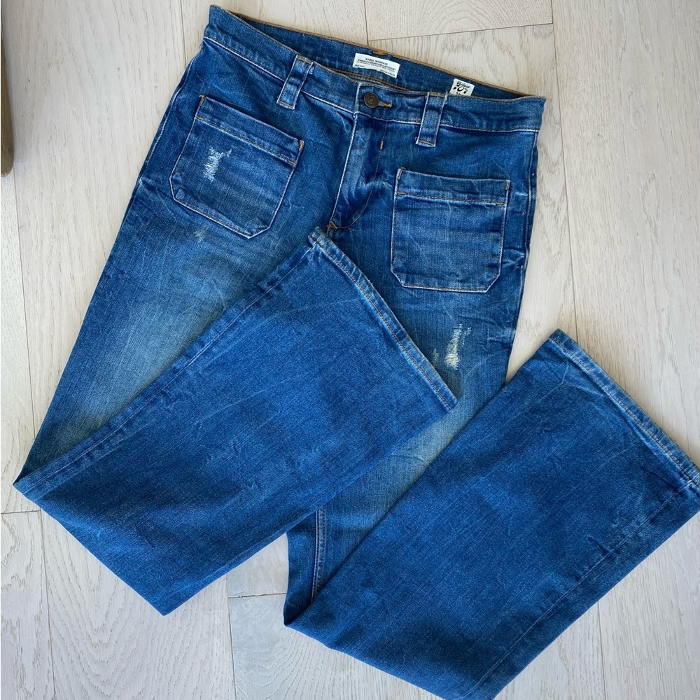 Zara Woman 70’s Tribute High Rise Dark Blue Wide Leg Jeans